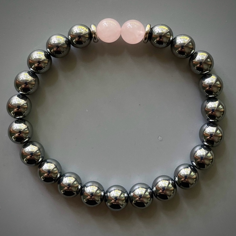 Silver Terahertz and Pink Rose Quartz Handcrafted Bead Bracelet